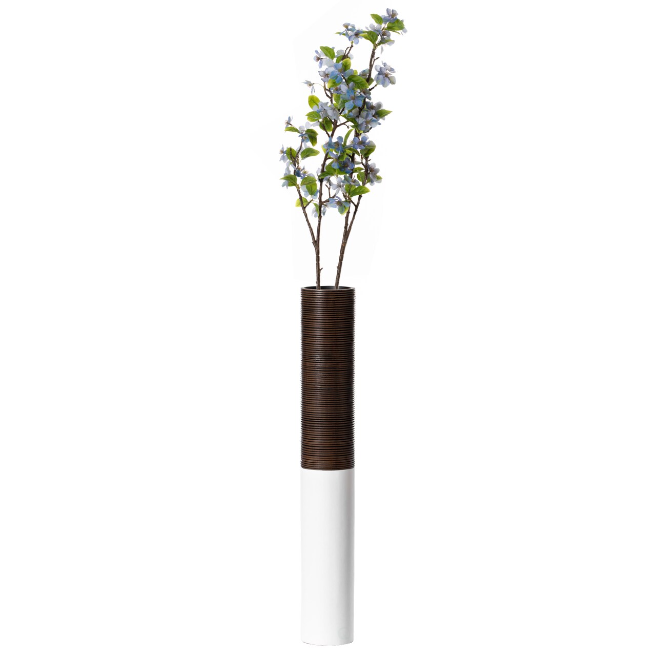 Modern Tall Decorative White and Brown Ribbed Cylinder Floor Vase